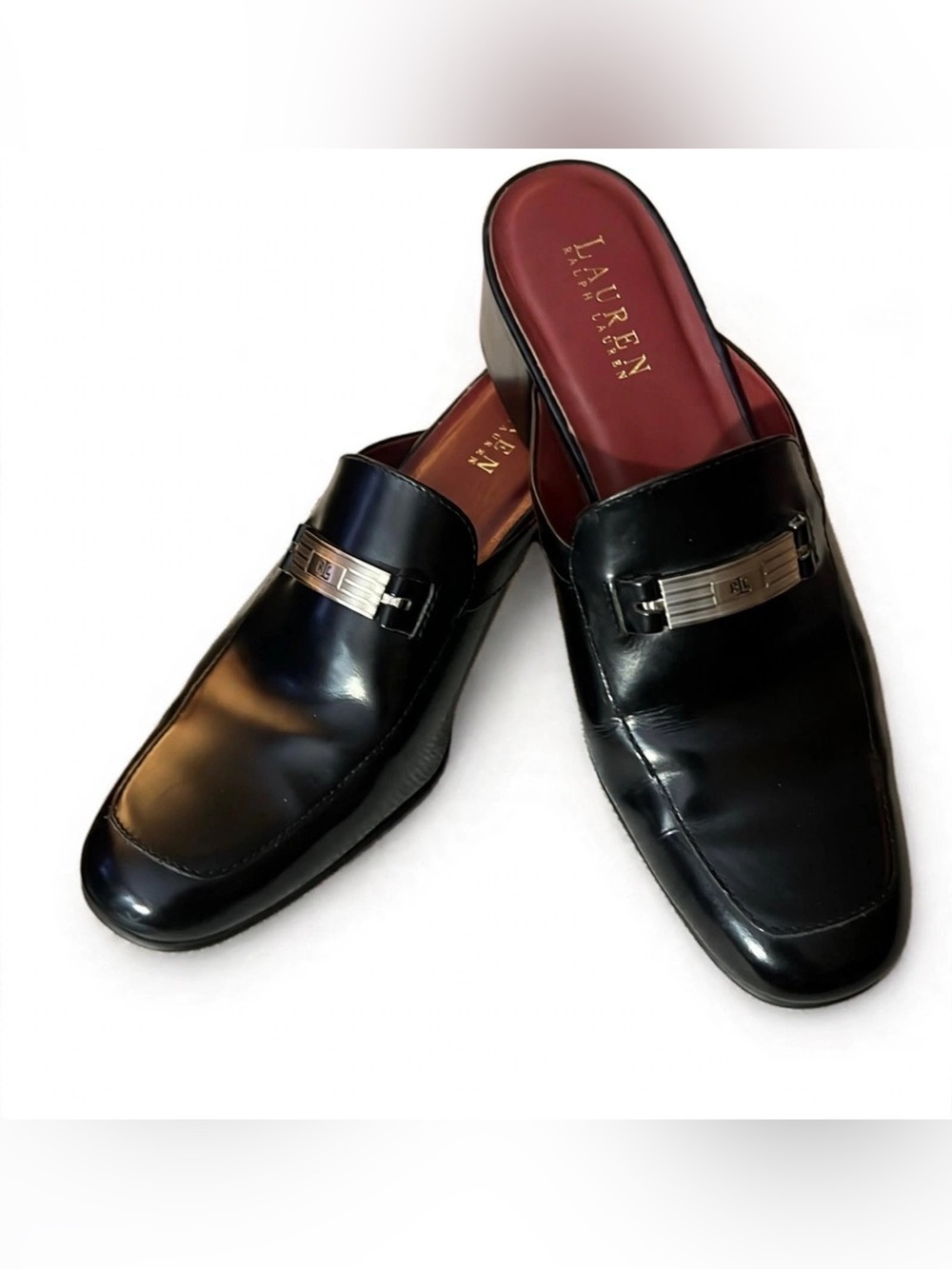 Ralph Lauren Black Leather Slip-On Bit Mules with Red Insole SZ 10B